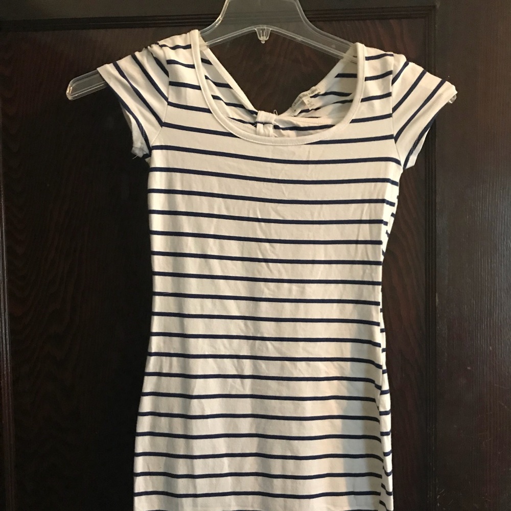 Navy blue and white striped body con dress
